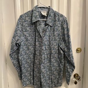 Blue floral button down with pleats long sleeve shirt